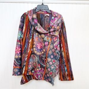 Anu Bright Multicolor Textured Floral & Stripes 100% Wool Wrap Jacket Size Small